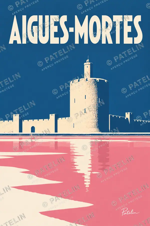 Illustration Aigues-Mortes — La tour et les salines, style Minimal