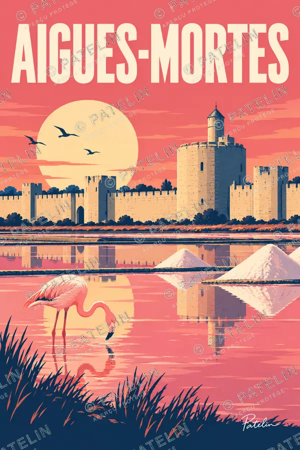 Illustration Aigues-Mortes — Les remparts et les flamants, style Pop