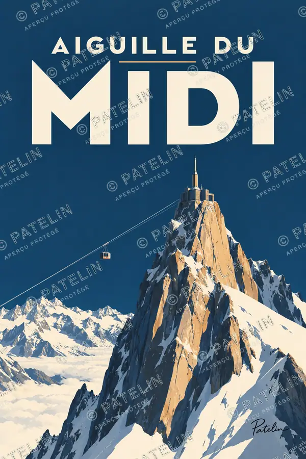 Illustration Aiguille du Midi — Le sommet et le téléphérique, style Minimal