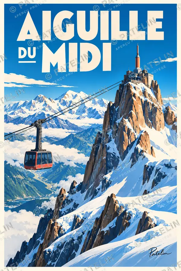 Illustration Aiguille du Midi — Le téléphérique face aux sommets, style Pop