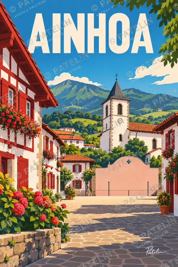 Illustration Ainhoa — La rue et les maisons basques, style Pop