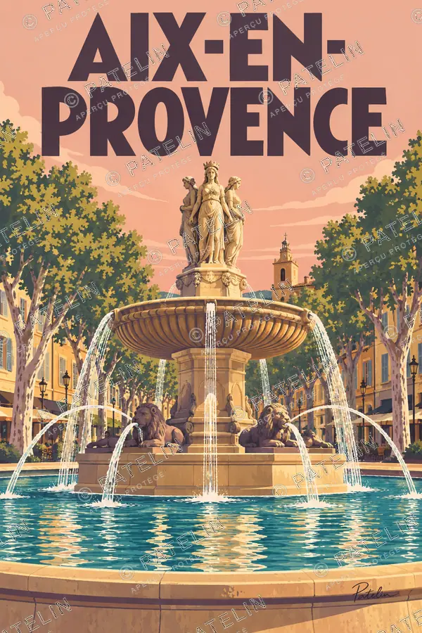 Illustration Aix-en-Provence — La fontaine dans la lumière, style Pop
