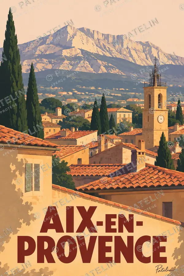 Illustration Aix-en-Provence — Les toits et les montagnes de Provence, style Pop
