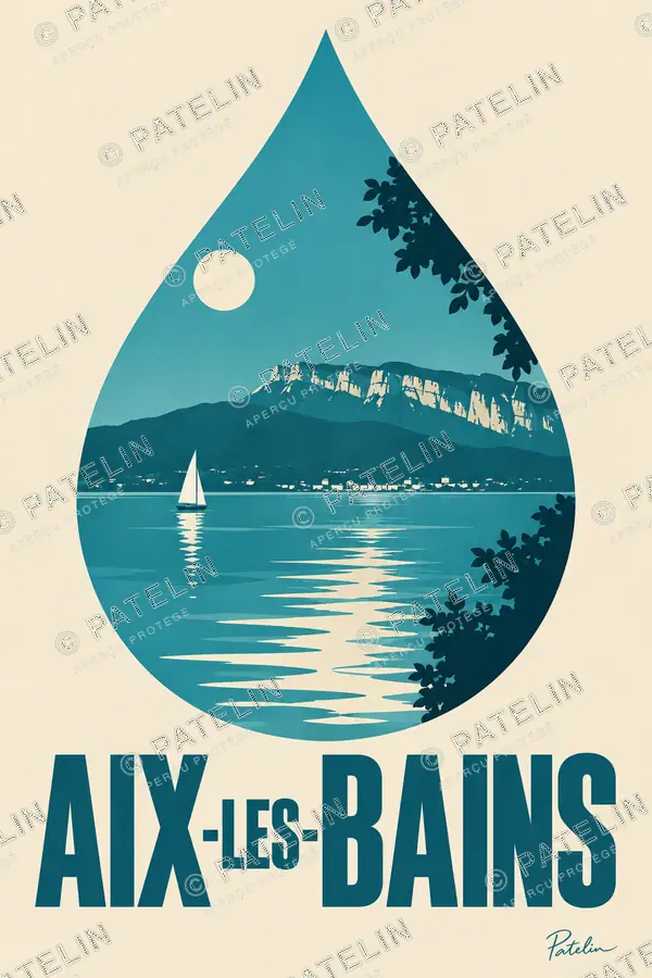 Illustration Aix-les-Bains — Le lac du Bourget en goutte d’eau, style Minimal