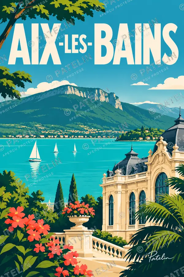 Illustration Aix-les-Bains — Le lac et les thermes, style Pop
