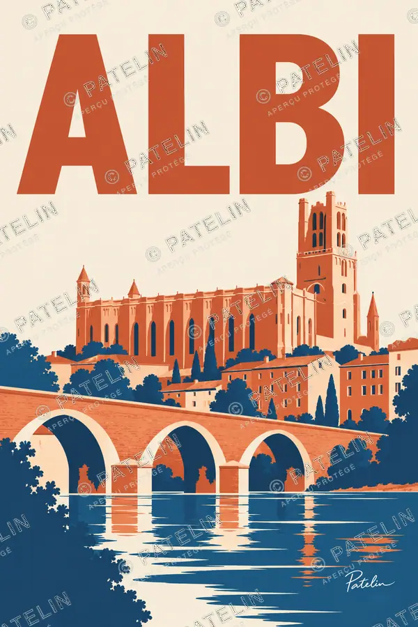 Illustration Albi — La cathédrale et le Pont Vieux, style Minimal