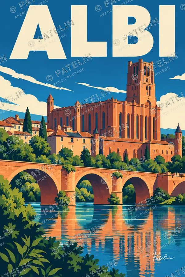 Illustration Albi — La cathédrale au-dessus du Pont Vieux, style Pop