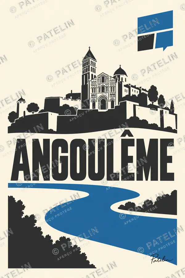 Illustration Angoulême — La cathédrale au-dessus de la Charente, style Minimal