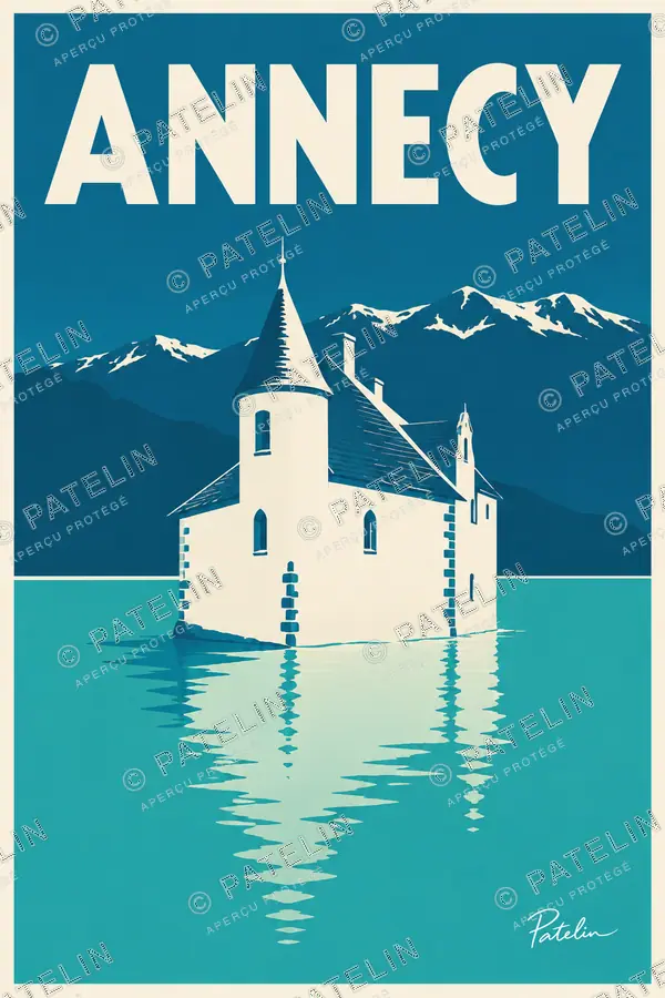 Illustration Annecy — Le palais et ses reflets, style Minimal