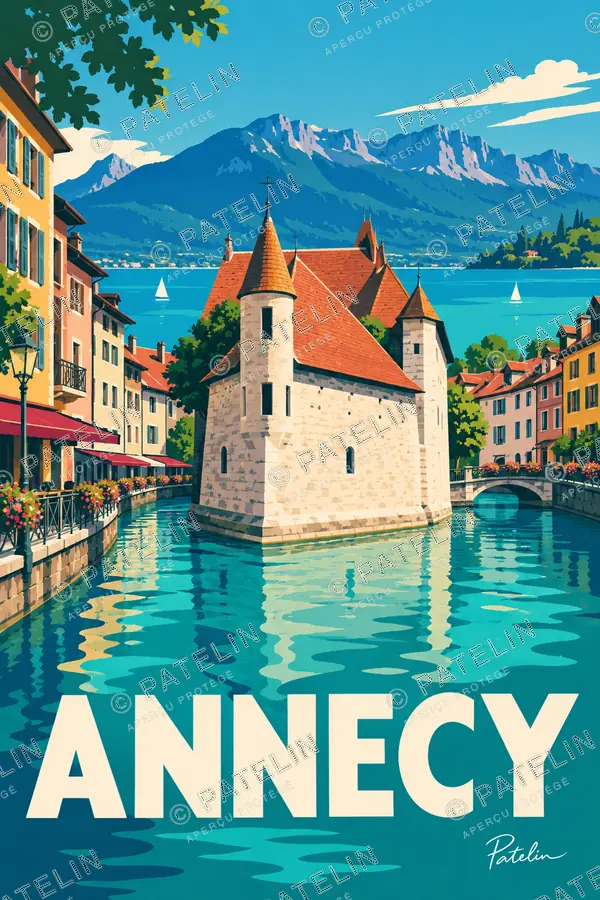 Illustration Annecy — Le palais, le lac et les montagnes, style Pop