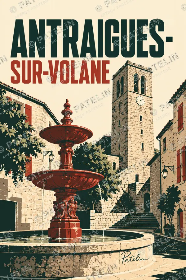 Illustration Antraigues-sur-Volane — La fontaine et le clocher, style Minimal