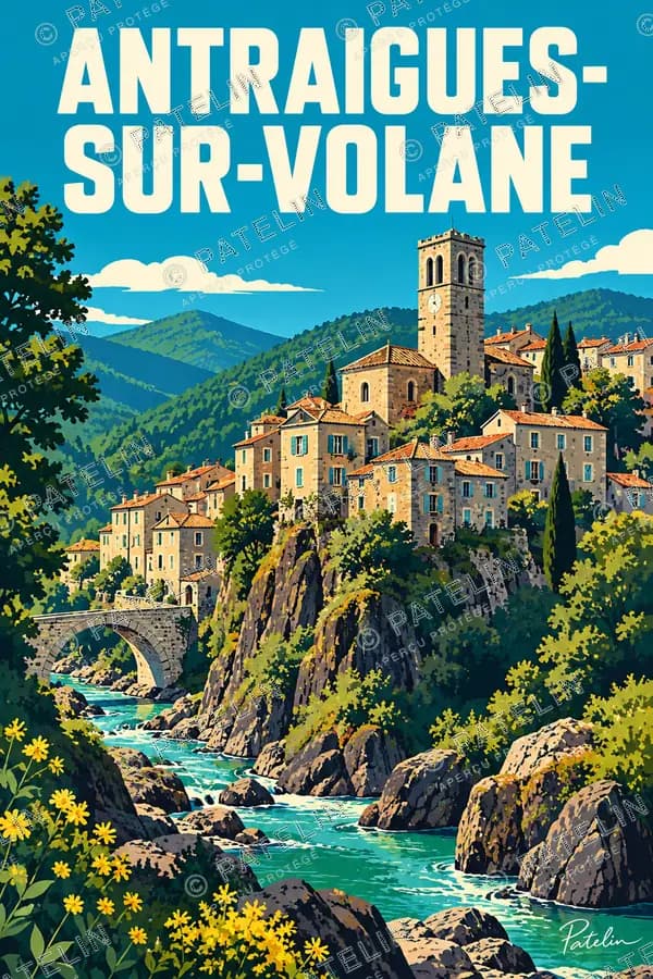 Illustration Antraigues-sur-Volane — Le village au-dessus de la Volane, style Pop