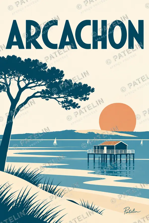 Illustration Arcachon — La cabane et les voiles, style Minimal