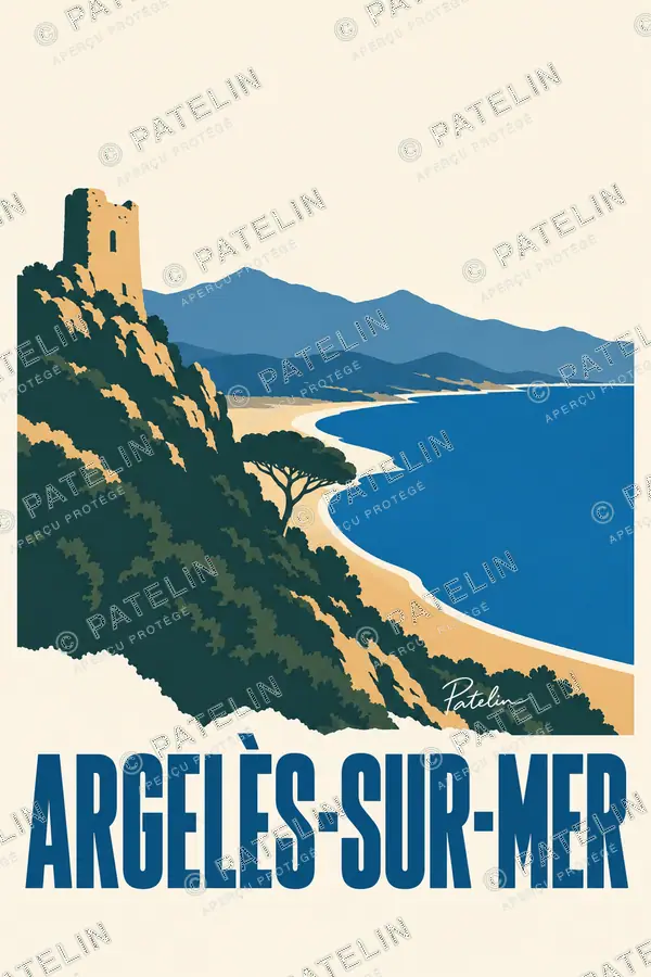 Illustration Argelès-sur-Mer — La tour au-dessus de la baie, style Minimal