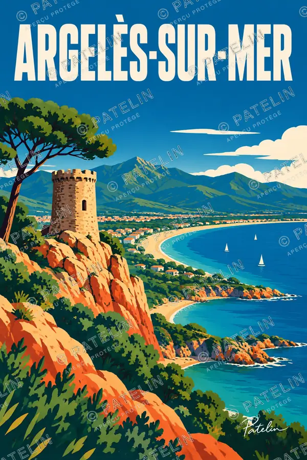 Illustration Argelès-sur-Mer — La tour et le panorama côtier, style Pop