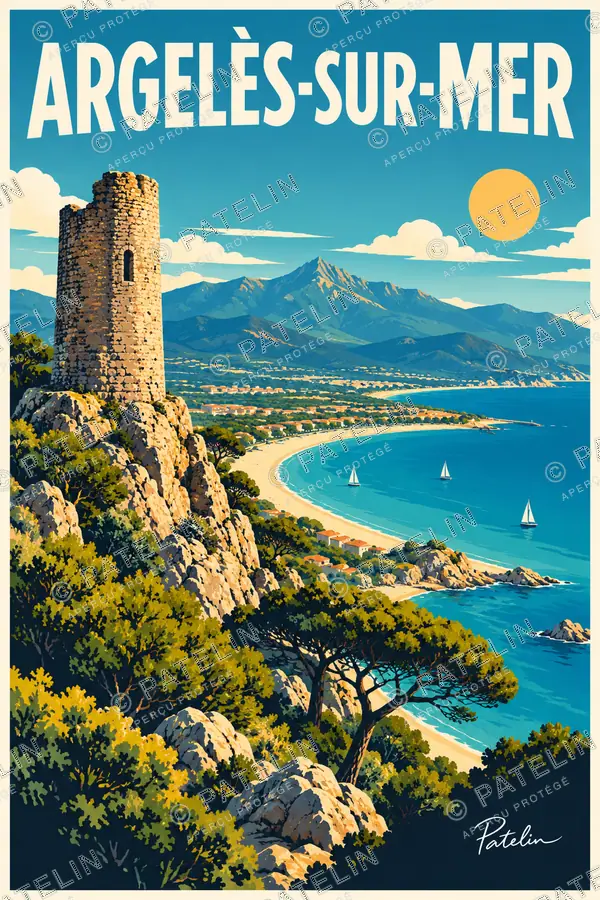 Illustration Argelès-sur-Mer — La tour sur le rocher, style Pop