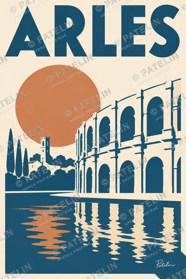 Illustration Arles — Les arènes et leurs reflets, style Minimal