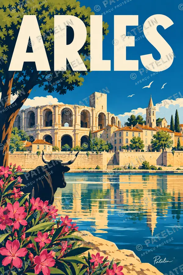 Illustration Arles — Les arènes et le taureau, style Pop
