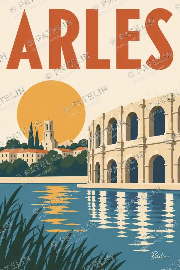Illustration Arles — Les arènes au bord du Rhône, style Minimal
