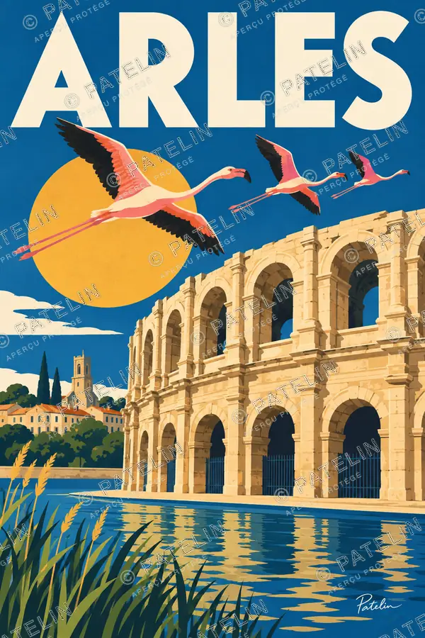 Illustration Arles — Les arènes et les flamants, style Pop
