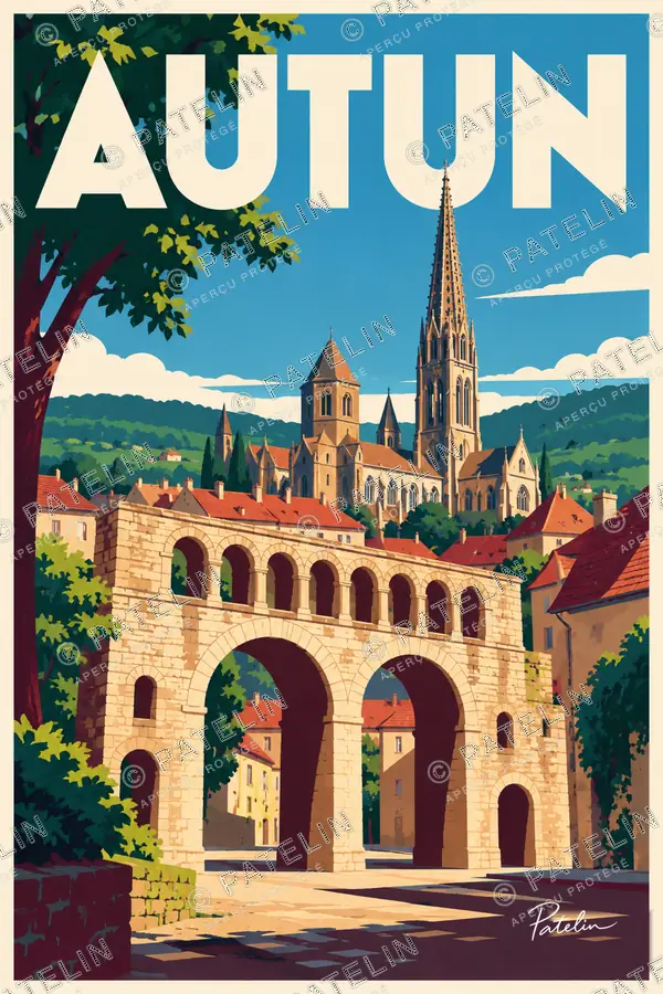 Illustration Autun — La porte d’Arroux et la cathédrale, style Pop