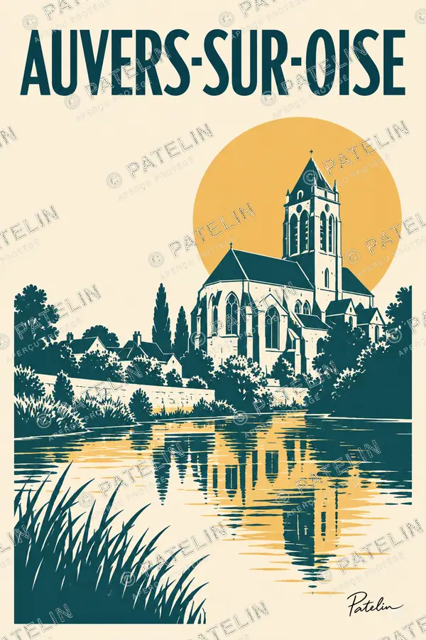 Illustration Auvers-sur-Oise — L’église au bord de l’Oise, style Minimal