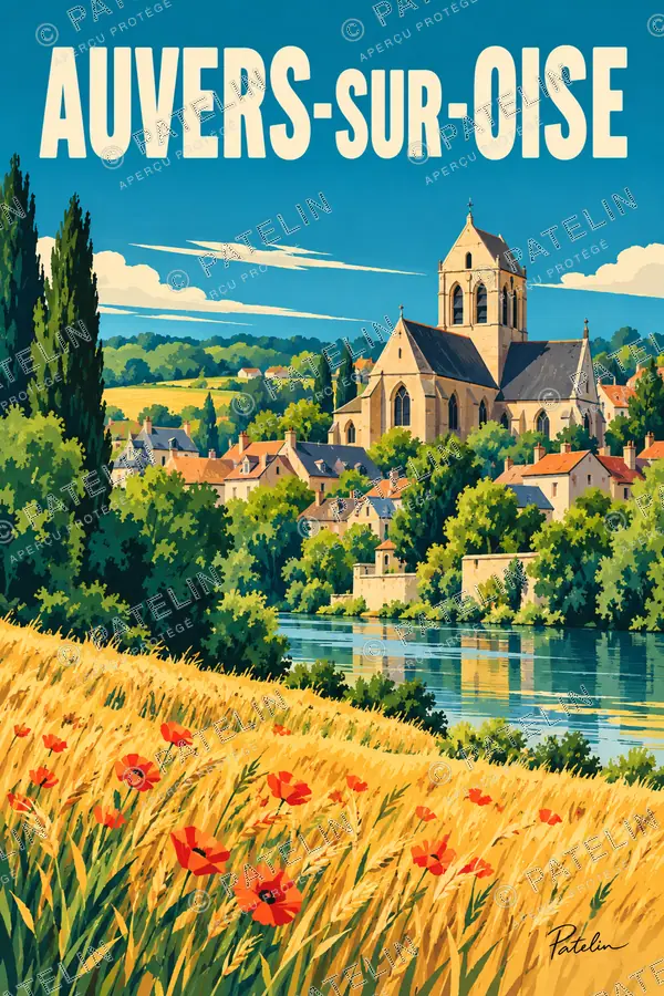 Illustration Auvers-sur-Oise — L’église au-dessus des blés, style Pop