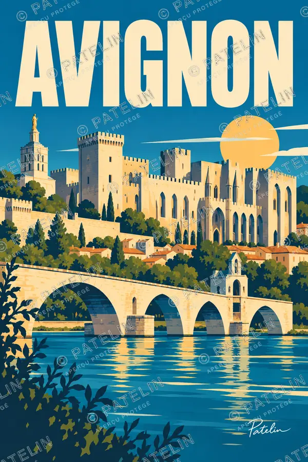 Illustration Avignon — Le pont et le palais, style Pop
