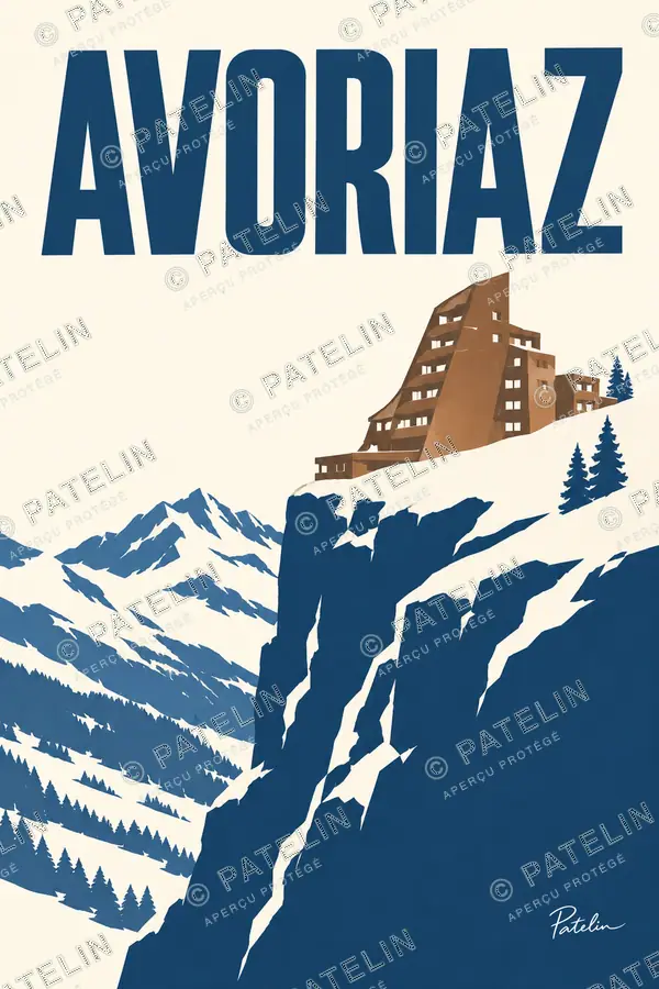 Illustration Avoriaz — Les chalets sur la falaise, style Minimal