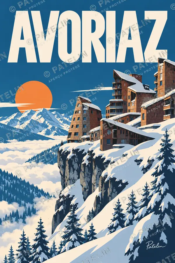 Illustration Avoriaz — La station au soleil d’hiver, style Pop