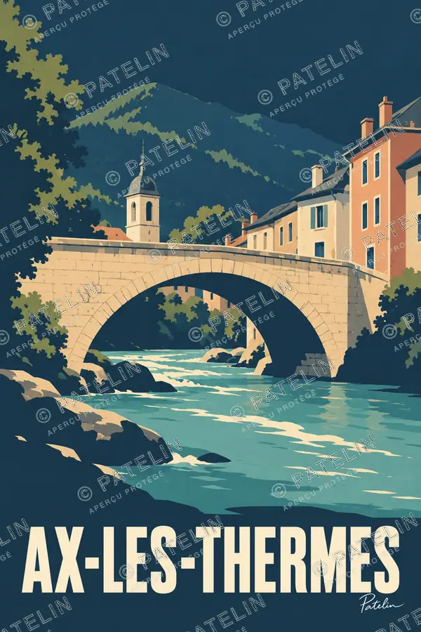 Illustration Ax-les-Thermes — Le pont face aux montagnes, style Minimal