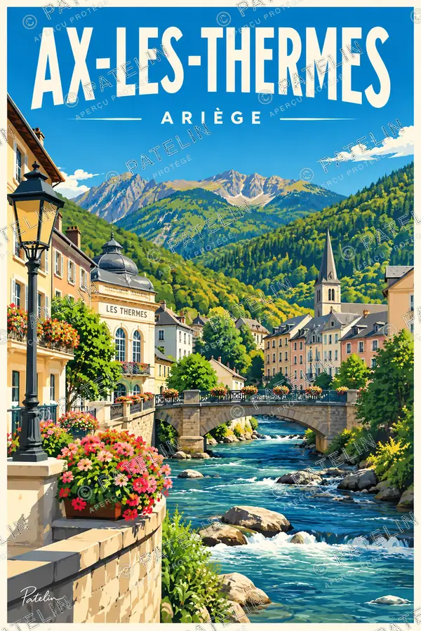 Illustration Ax-les-Thermes — Le pont au cœur de la ville thermale, style Pop