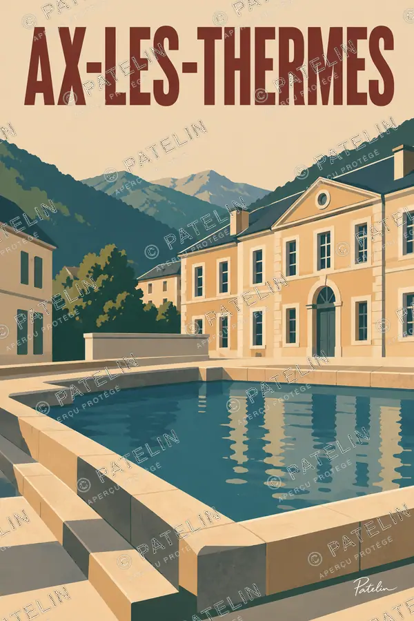 Illustration Ax-les-Thermes — Le bassin devant les thermes, style Minimal