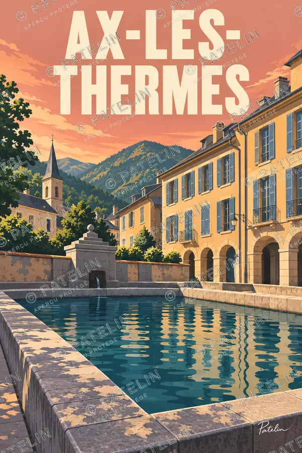 Illustration Ax-les-Thermes — Les thermes et les reflets du bassin, style Pop