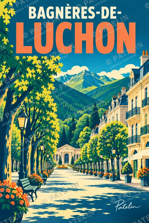Illustration Bagnères-de-Luchon — La promenade et les Pyrénées, style Pop