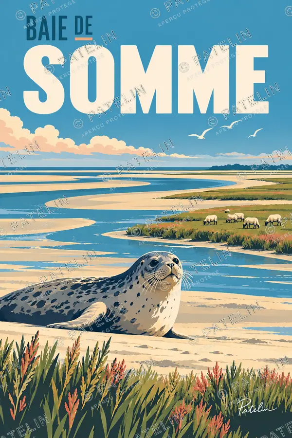 Illustration Baie de Somme — Le phoque au bord de la baie, style Pop