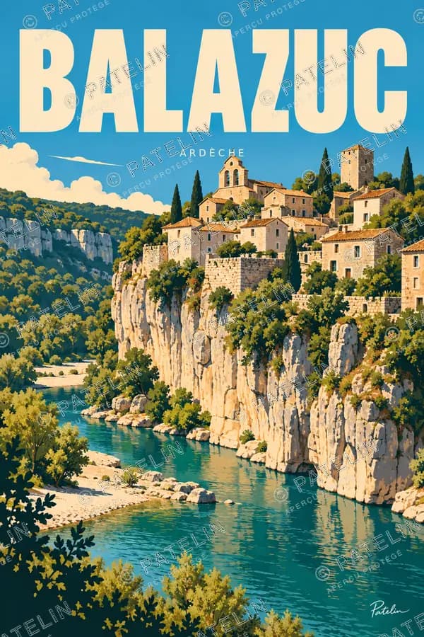 Illustration Balazuc — Le village et les reflets de l’Ardèche, style Pop