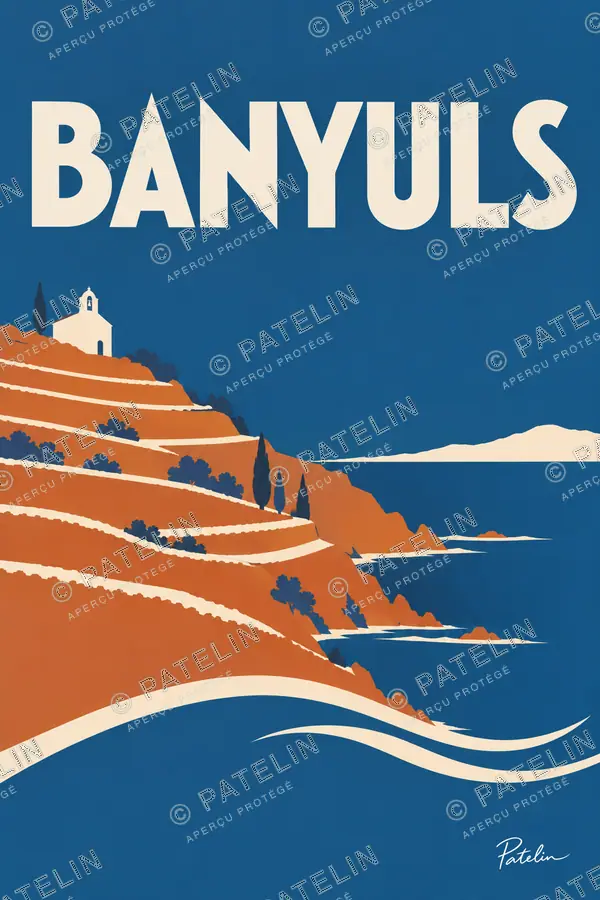 Illustration Banyuls-sur-Mer — Les vignes face à la mer, style Minimal