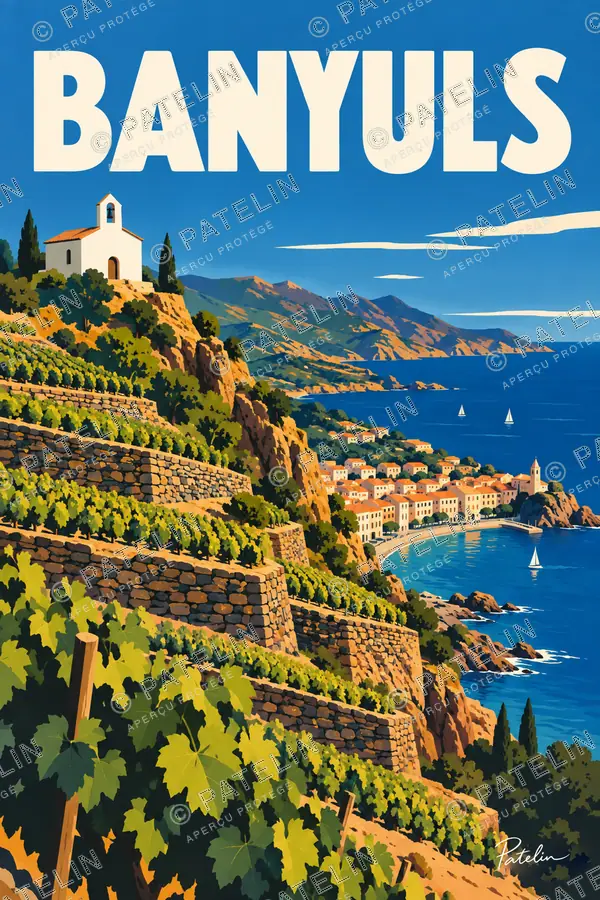 Illustration Banyuls-sur-Mer — Le vignoble et la baie, style Pop