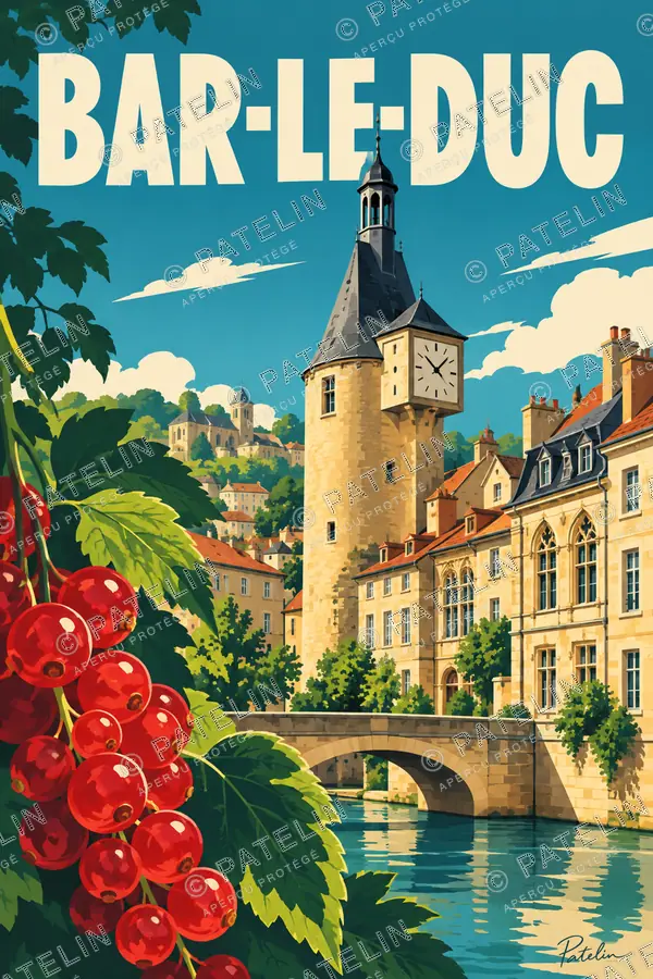 Illustration Bar-le-Duc — La tour de l’Horloge et l’Ornain, style Pop