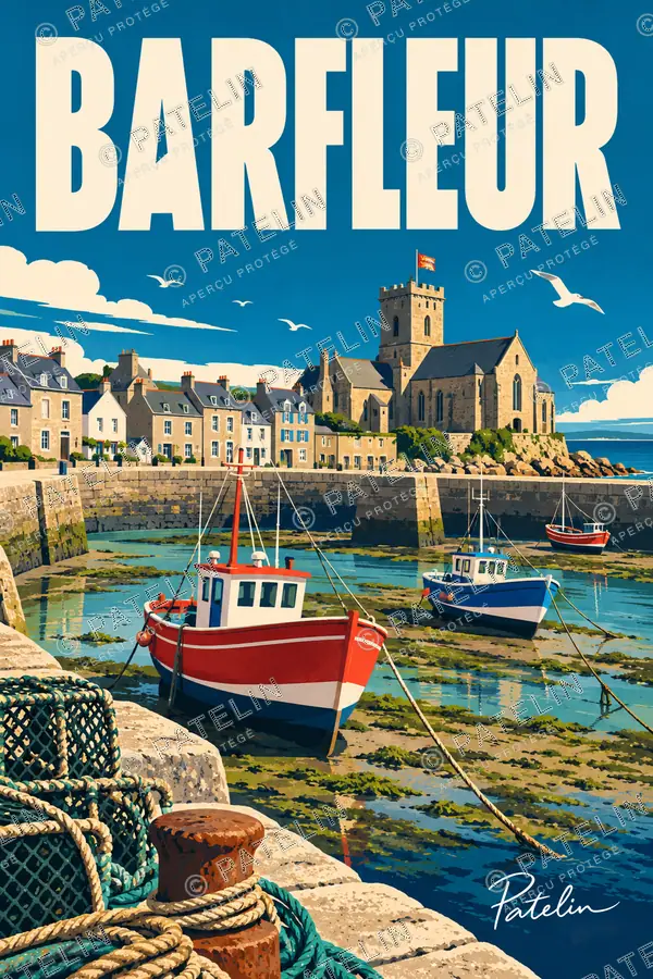 Illustration Barfleur — Le port et les casiers, style Pop