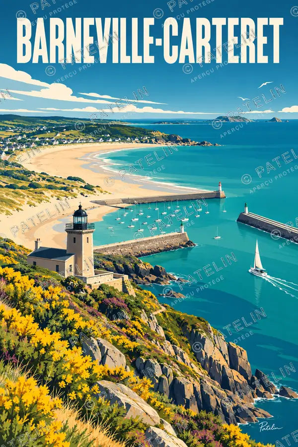 Illustration Barneville-Carteret — Le cap, le phare et la plage, style Pop