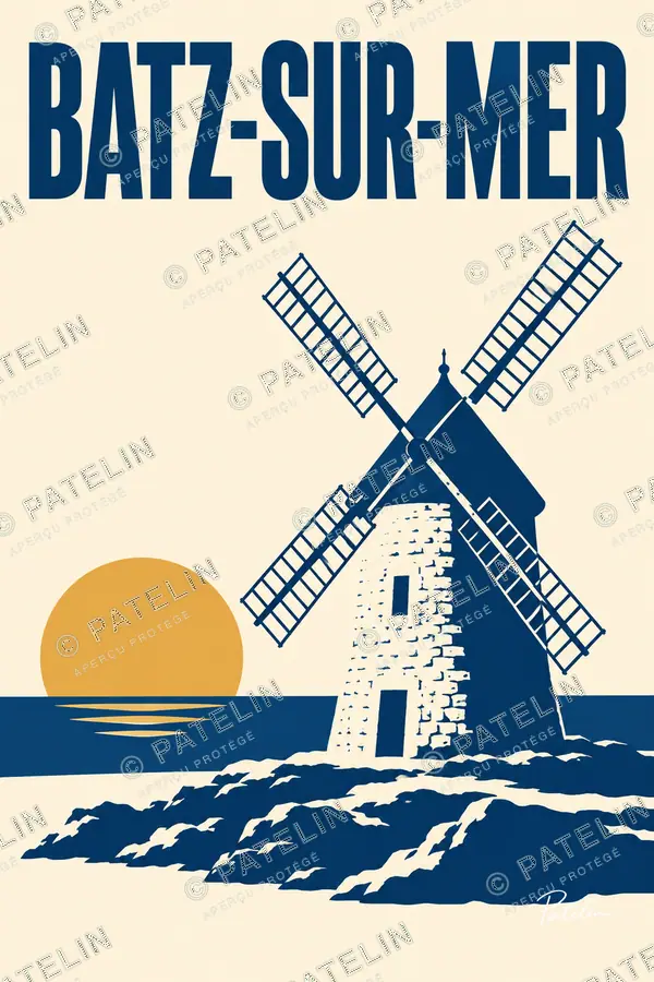Illustration Batz-sur-Mer — Le moulin face à la mer, style Minimal