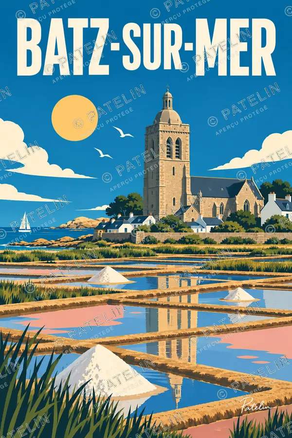 Illustration Batz-sur-Mer — Le clocher et les salines, style Pop
