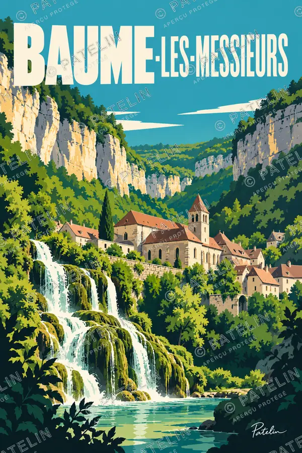 Illustration Baume-les-Messieurs — L’abbaye et les cascades, style Pop