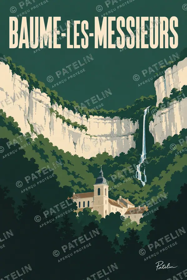 Illustration Baume-les-Messieurs — L’abbaye et les falaises, style Minimal