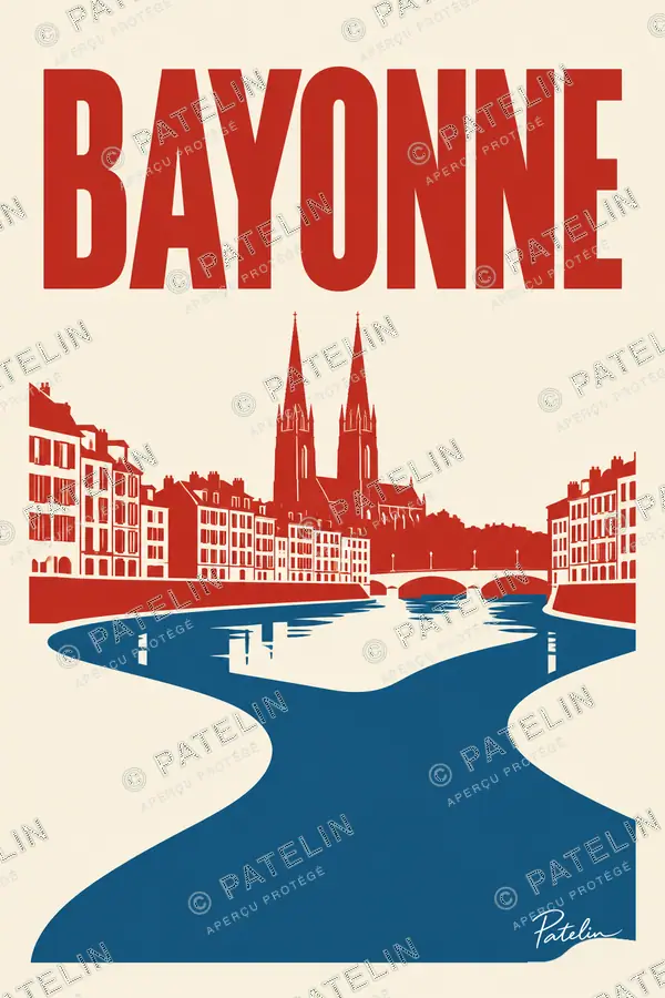 Illustration Bayonne — La ville en rouge et blanc, style Minimal