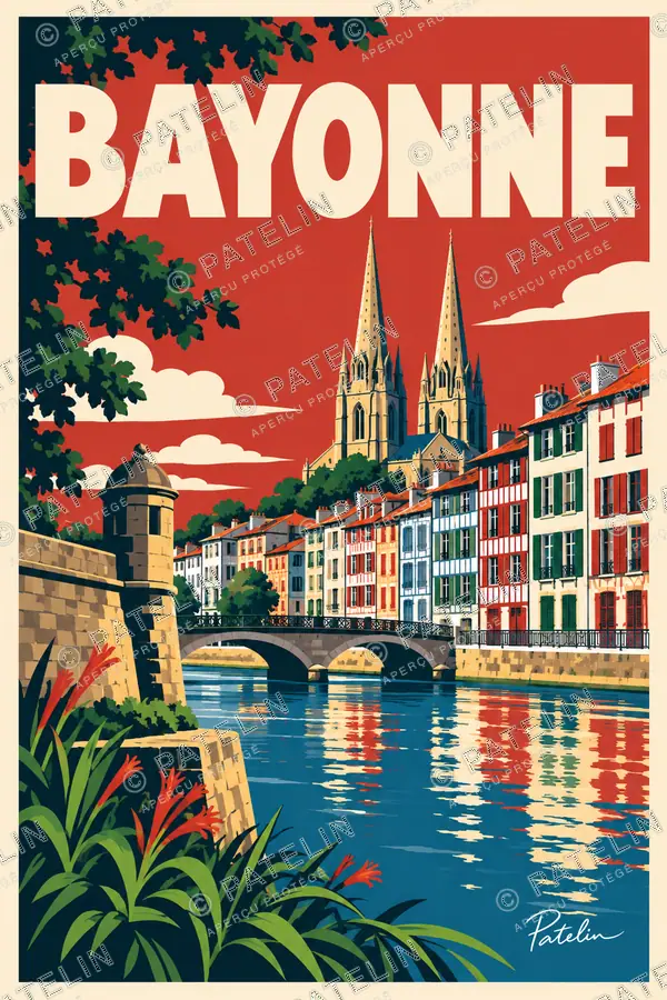 Illustration Bayonne — Les façades au fil de l’eau, style Pop