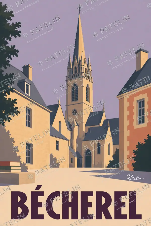 Illustration Bécherel — La place et le clocher, style Minimal