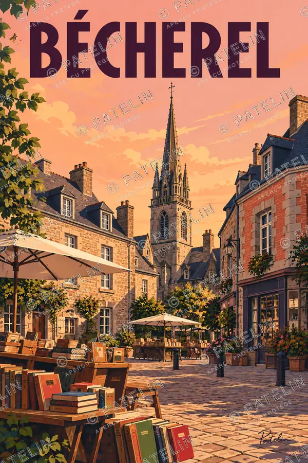 Illustration Bécherel — Les librairies et le clocher, style Pop